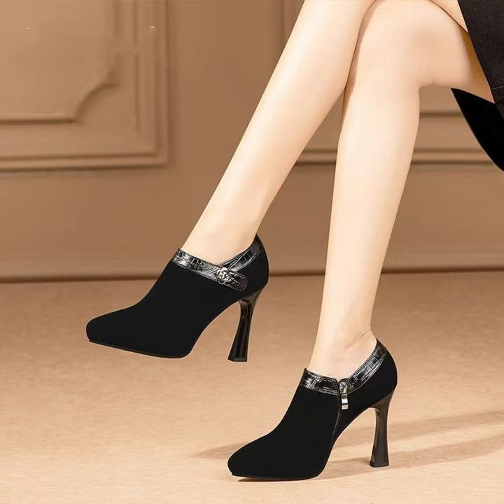 磨砂薄绒尖头深口粗跟单鞋女2025春秋季新款百搭防水台高跟鞋