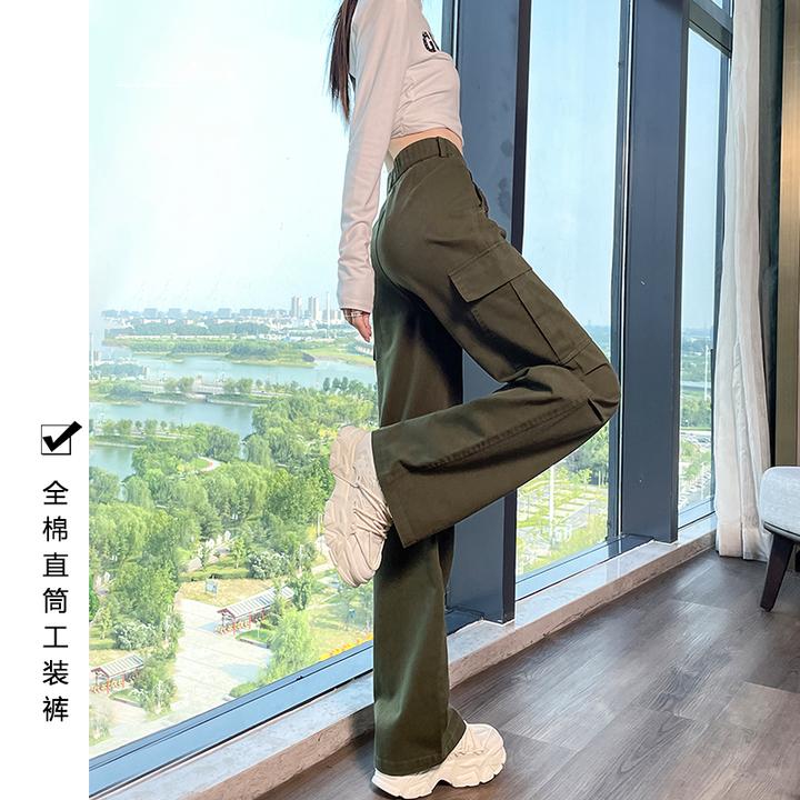 全棉工装裤女秋季爆款高腰春秋小个子休闲裤直筒复古美式阔腿裤子