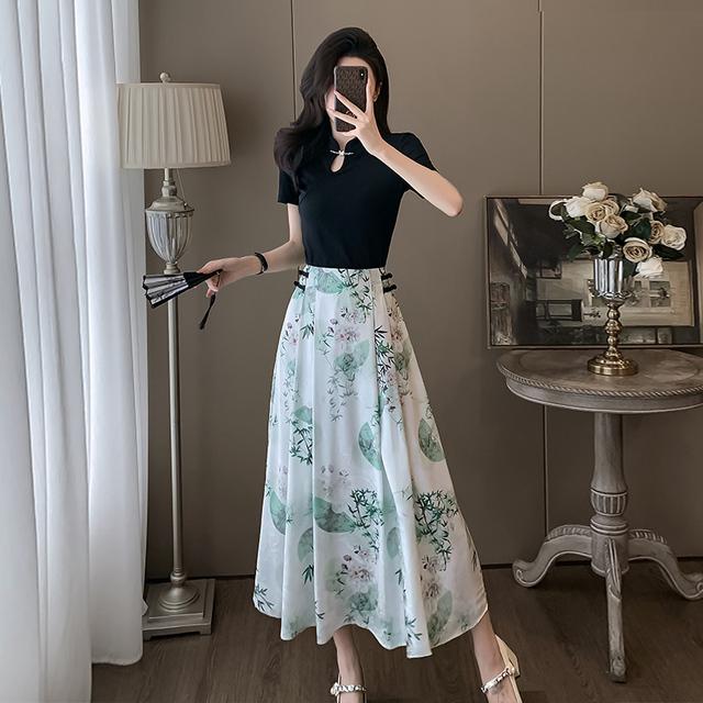 国风修身短袖套装女夏季新款新中式时尚雪纺百褶马面半身裙俩件套