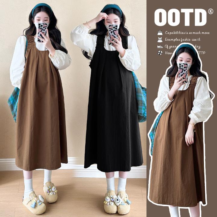 xixi~孕妇装2025秋冬季新款宽松显瘦衬衣背带裙两件套孕妇套装