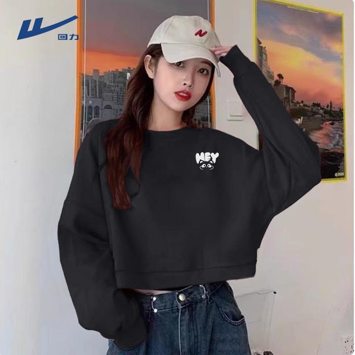 Warrior/回力黑色短款圆领卫衣2025年新款宽松显瘦慵懒风小众卫衣