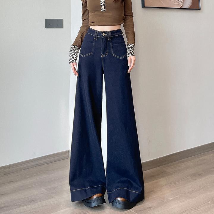 丹宁蓝宽松阔腿牛仔裤阔腿裤2025女新款高腰显瘦夏季显腿长百搭裤