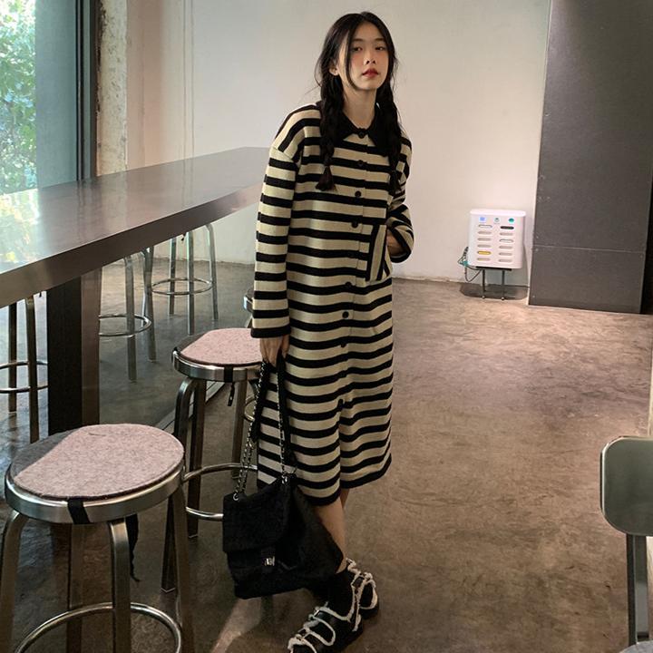 慵懒风长袖宽松条纹针织连衣裙女秋冬季2025新款小个子毛衣衬衫裙