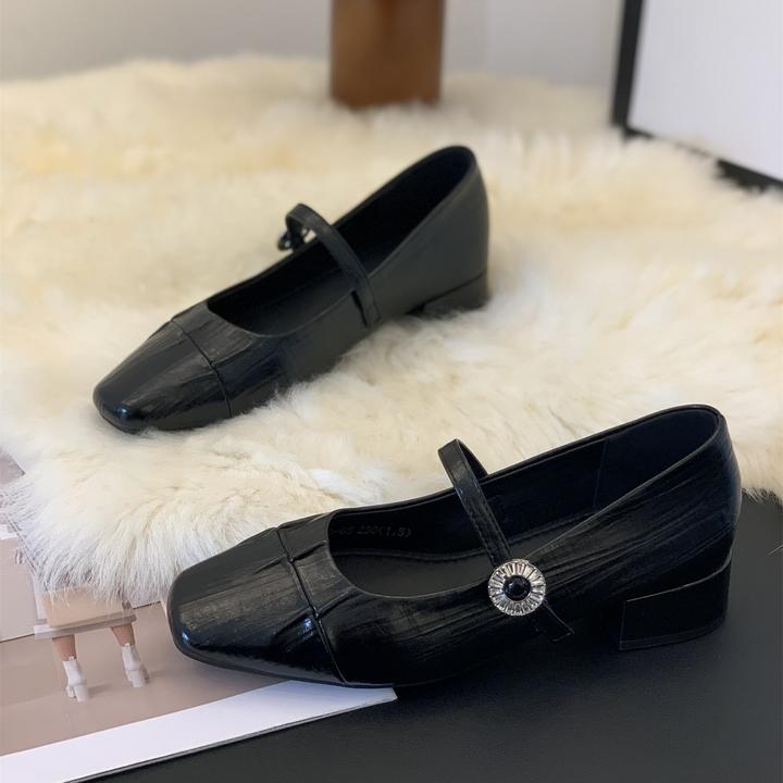 2025秋季新款女鞋粗跟方头复古浅口单鞋小香风一字带水钻玛丽珍鞋