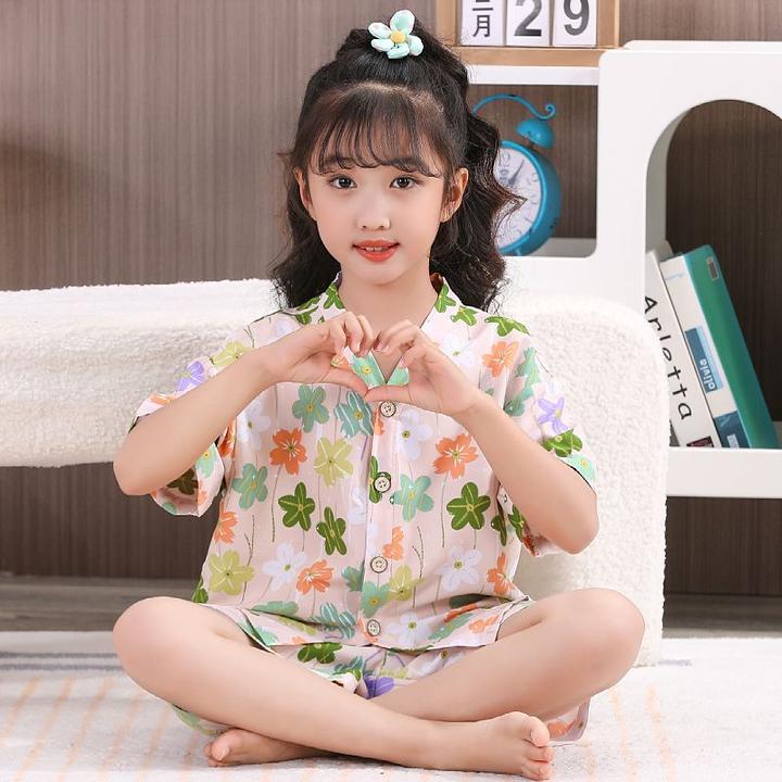儿童夏季薄款女童短袖睡衣男孩3-16岁中大童甜美可爱家居服套装
