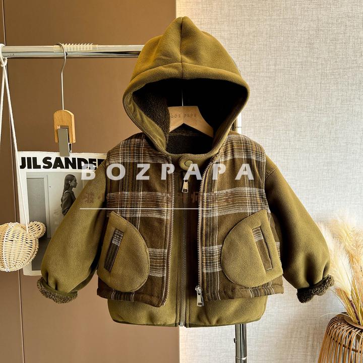 啵小爸【生命律动】2025冬季新款男童宝休闲大口袋格纹夹棉马甲套装