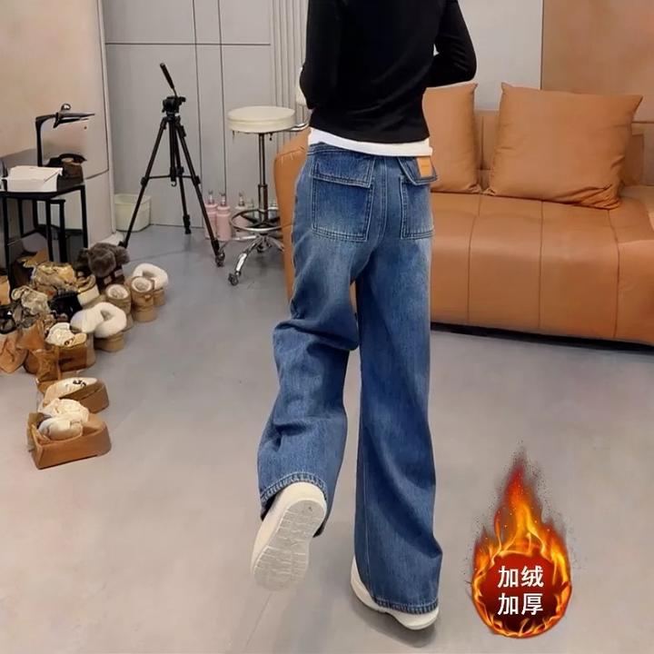 加绒蓝色翻盖直筒牛仔裤女冬季新款高腰宽松显瘦百搭窄版阔腿裤子