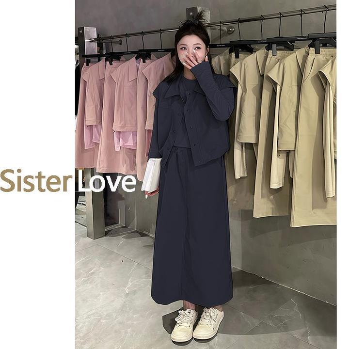 大码女装秋季宽松高级感时尚一整套长袖休闲工装马甲半身裙三件套