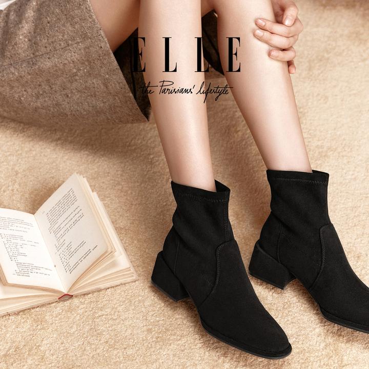 ELLE镇店神靴大方跟粗跟加绒弹力短靴女2025新款显腿长瘦瘦靴袜靴