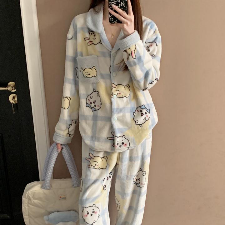 珊瑚绒睡衣女士秋冬季大码加厚可外穿法兰绒乌萨奇套装冬天家居服