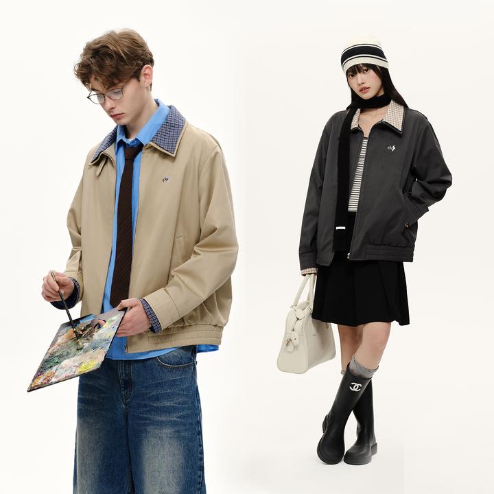 PSO Brand 【假两件】刺绣拼接格纹工装春秋时尚休闲百搭夹克PJK148