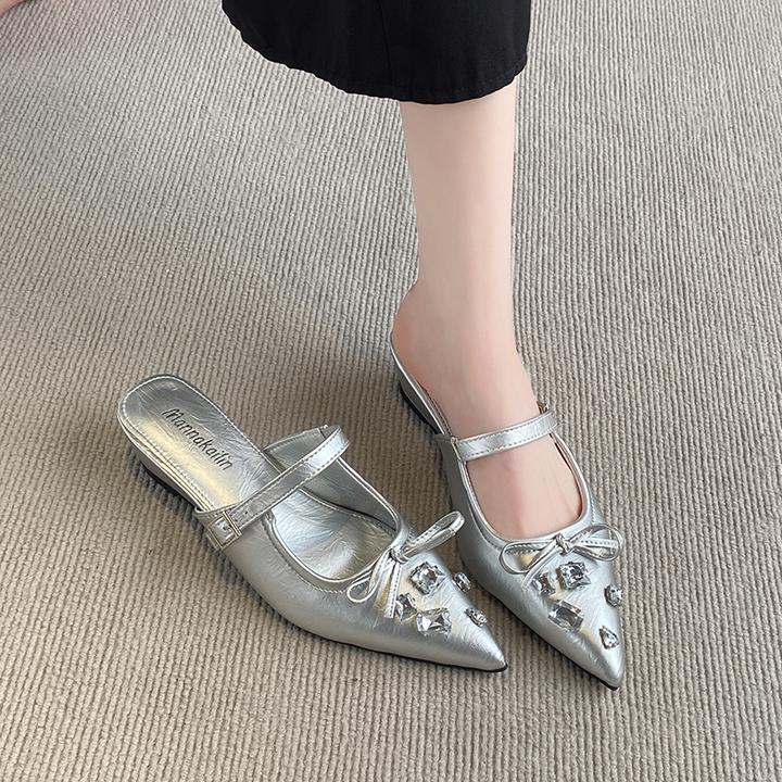 小香风蝴蝶结水钻包头半拖鞋女外穿2025春夏配裙子坡跟仙女凉拖鞋