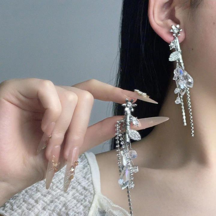 铜合金锆石耳饰 轻奢镶花朵树叶流苏耳环精致时尚百搭高级感冷淡
