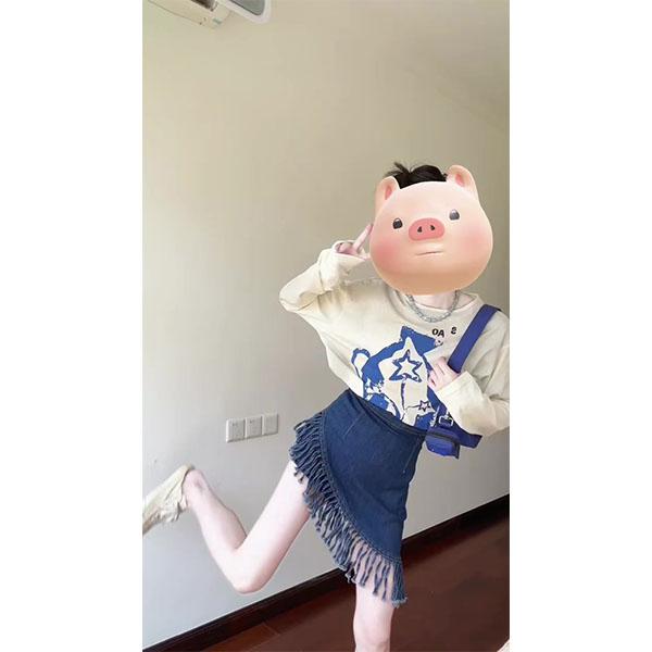 日系飞鸟花瓶撞色防晒长袖罩衫T辣妹斜边流苏边牛仔半身裙套装