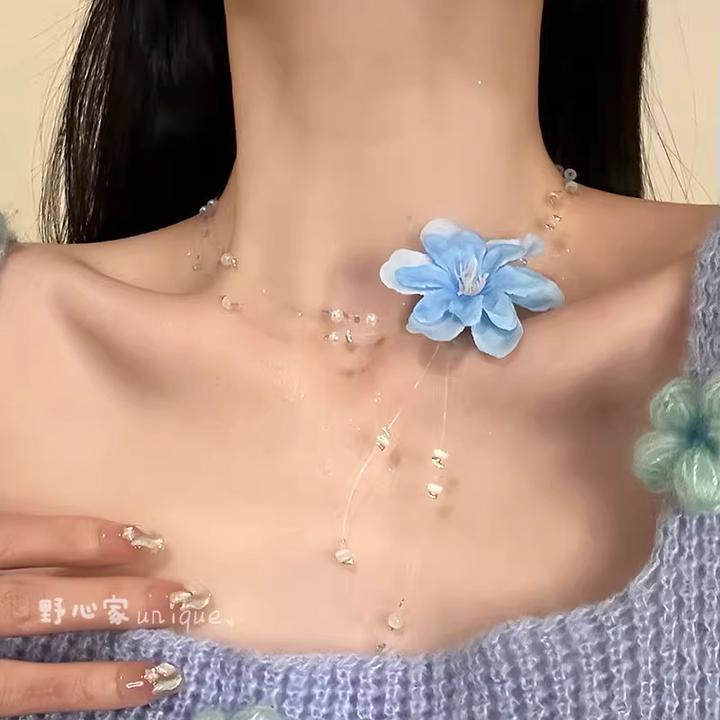 非金属仿水晶项链 甜美气质蓝色花朵项链度假风choker锁骨链仙女
