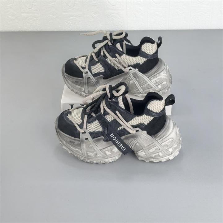 牛皮复古厚底小个子黑色老爹鞋女2025春季新款网面透气运动休闲鞋