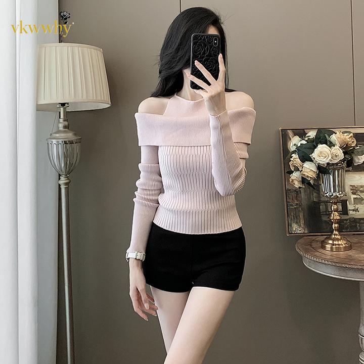 粉色假两件一字肩针织打底衫女装长袖秋季新款设计感修身露肩上衣