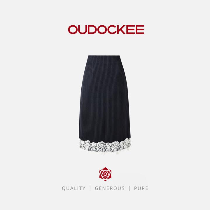 OUDOCKEE 鸥鸥【条纹裙】藏青色蕾丝拼接半身裙 B2502X319T