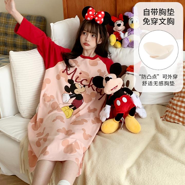Disney/迪士尼春秋套头长袖带胸垫睡衣女宽松休闲纯棉家居服0158