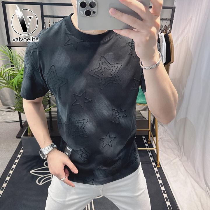 VALVOELITE潮牌新款短袖恤男士夏季破洞星星设计感扎染帅气上衣
