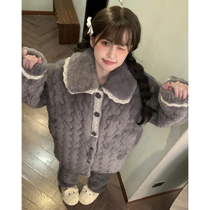 冬睡衣女款爆款2025新款加厚加绒珊瑚绒法兰绒三层夹棉家居服套装