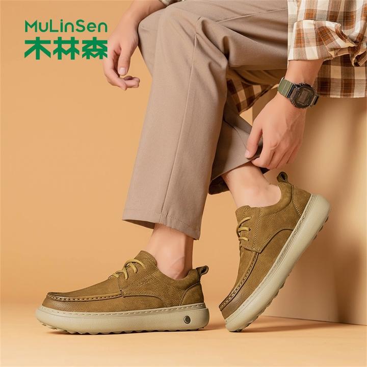 木林森皮鞋男复古大头鞋冬季新款头层牛皮男士上班防滑舒适厚底鞋