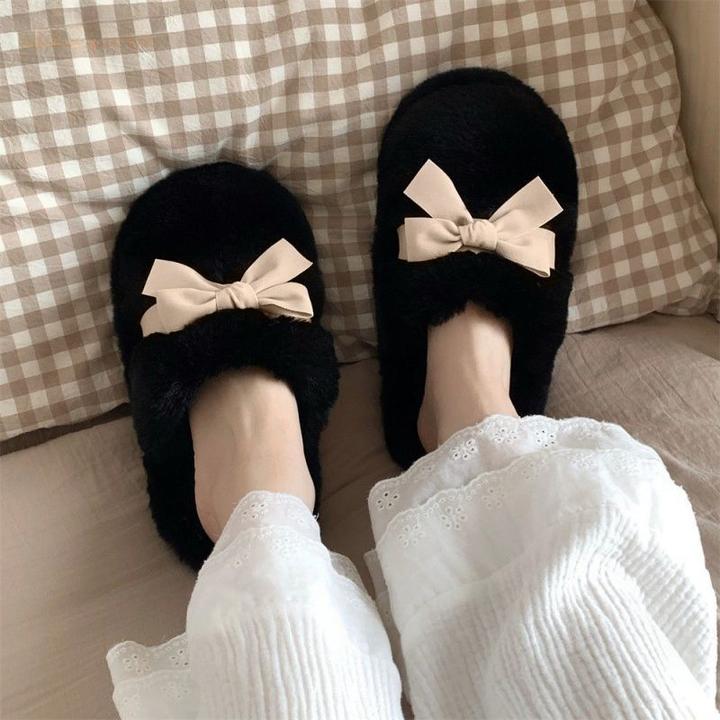 2025新款甜美ins蝴蝶结毛毛拖鞋男女秋冬季室内防滑可爱棉拖鞋LW