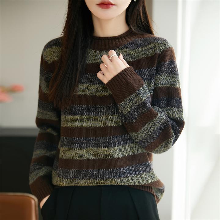 秋冬圆领针织条纹衫长袖法式毛衣提花复古时尚套头