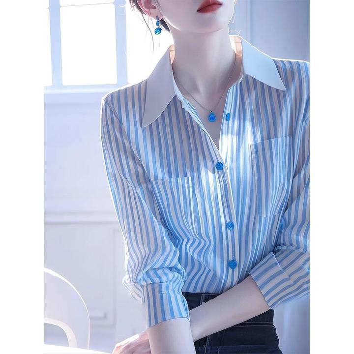 韩系超好看独特漂亮蓝白条纹Polo领衬衫女2025年新款女轻奢高级感