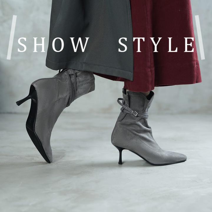 尖头弹力靴女高跟细跟时尚百搭气质单靴子秋冬新款皮带扣短靴