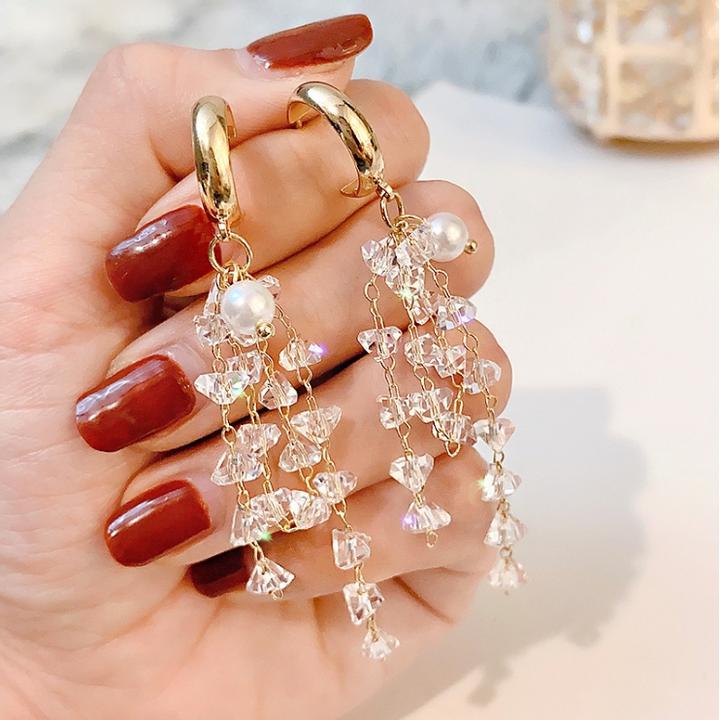 925银仿水晶耳饰 时尚满钻超闪流苏耳环轻奢高级珍珠耳钉百搭耳饰