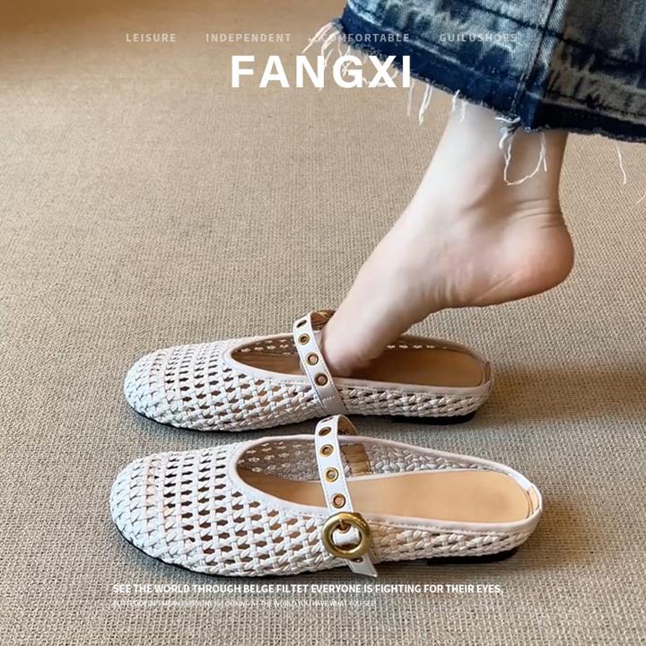 复古皮带扣勃肯洞洞鞋平底凉拖女夏外穿一字扣后空凉鞋包头半拖鞋
