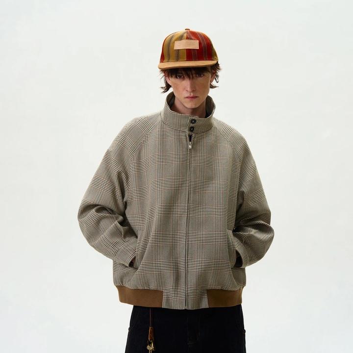 美式复古千鸟格外套男女款春秋高级感痞帅立领情侣夹克2025春