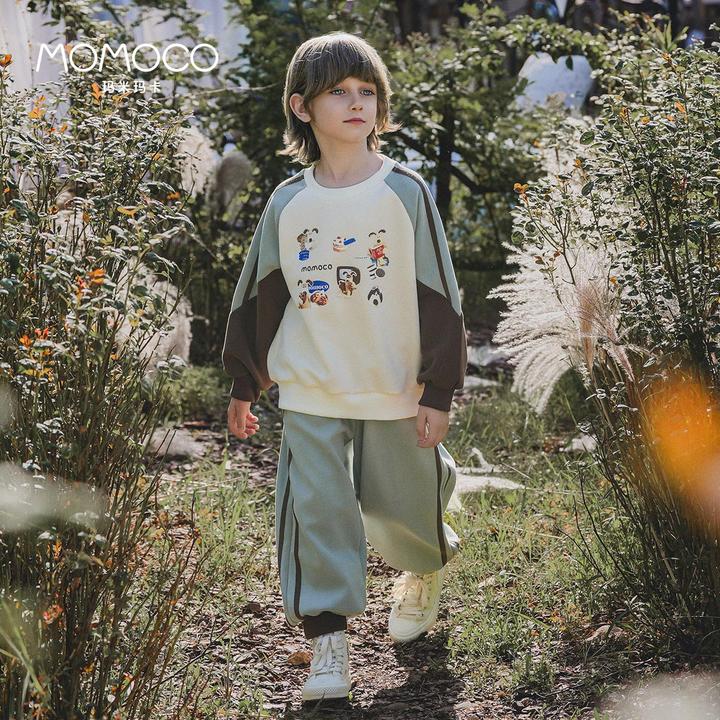 MOMOCO秋季男童新款潮流印花小狗卫衣套装拼接两件套77330578002
