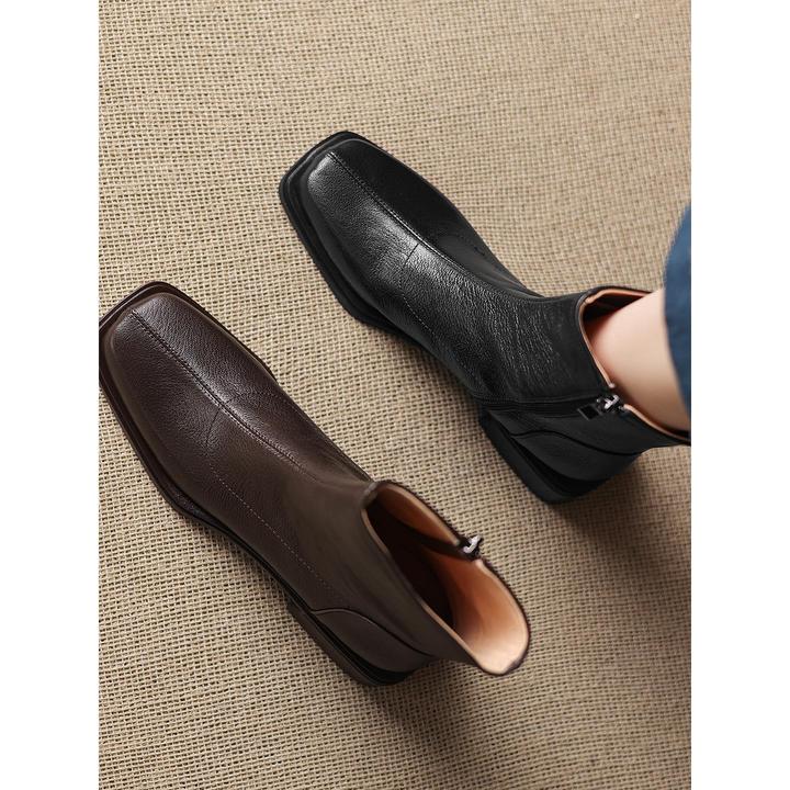 软羊皮方头粗跟4cm方头短靴女2025新款覆古弹力瘦瘦靴中跟马丁靴