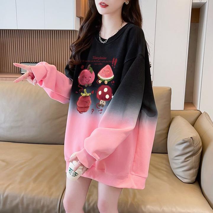 大码女装春秋薄款圆领卫衣女洋气宽松高级感显瘦上衣ins潮牌渐变