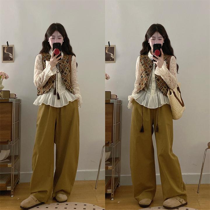 大码复古休闲风气质蕾丝衬衫马甲背心阔腿裤三件套