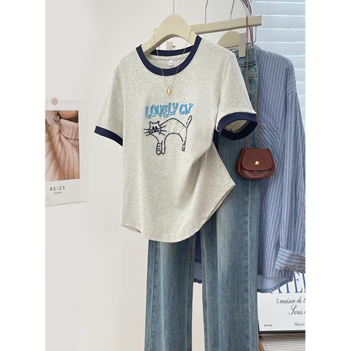 韩系设计感刺绣钉珠猫咪撞色圆领夏季新款正肩百搭减龄短袖上衣女