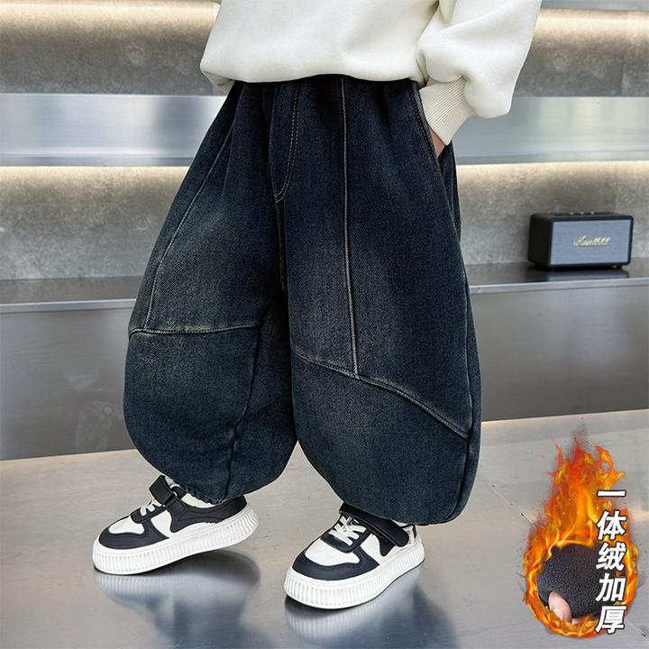 男童冬季宽松韩版一体绒牛仔裤2025年新款小儿童痞帅保暖加绒长裤