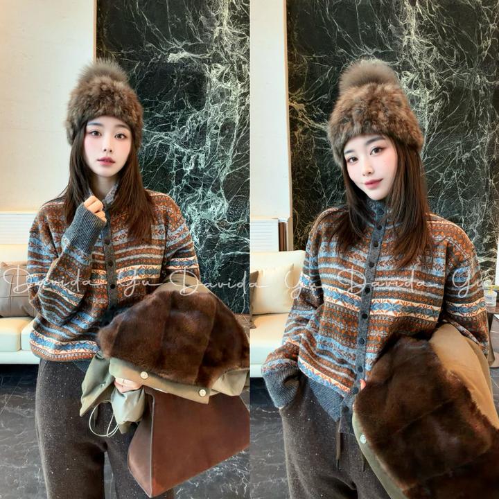 Davida Yu【冰岛】费尔岛绵羊毛打底立领保暖长袖针织衫开衫 888790