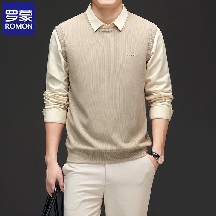 Romon/罗蒙男士秋冬新款假两件针织毛衣休闲商务衬衫领男装针织衫