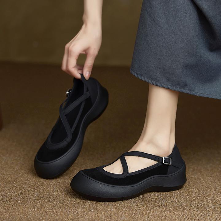 小个子运动风休闲单鞋2025新款秋季圆头玛丽珍芭蕾鞋舒适厚底女鞋