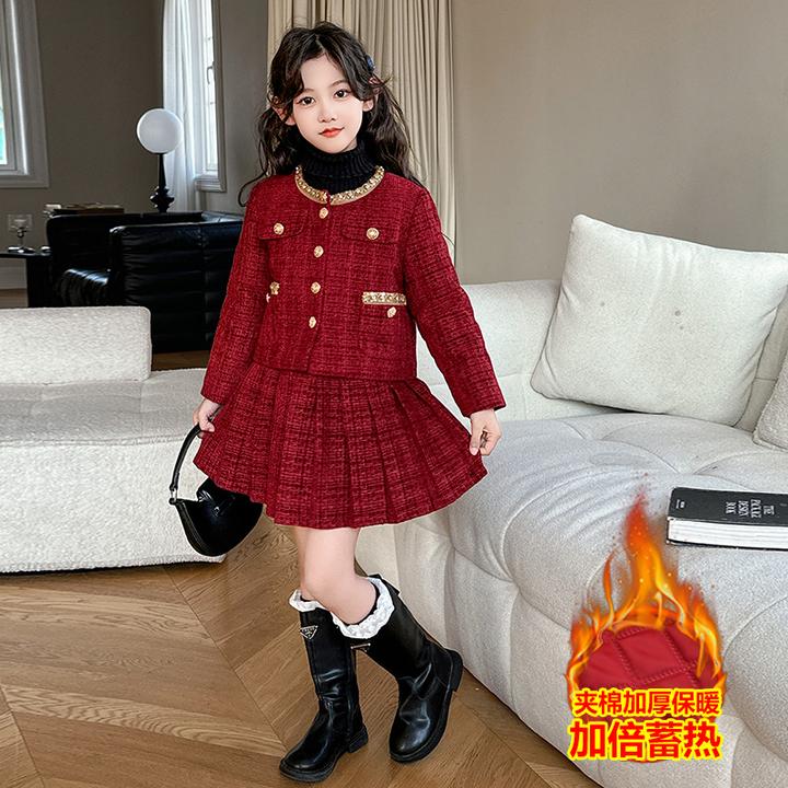 女童小香风连衣裙秋冬儿童毛呢外套套装裙女孩公主裙子拜年服冬装