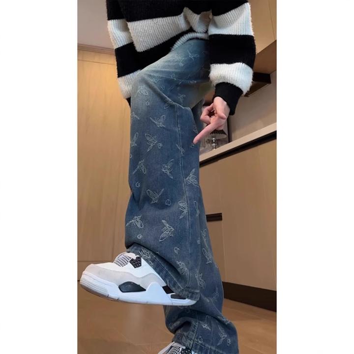 高腰提档牛仔裤男生美式高街vibe显腿长高个子裤子潮牌直筒微喇裤