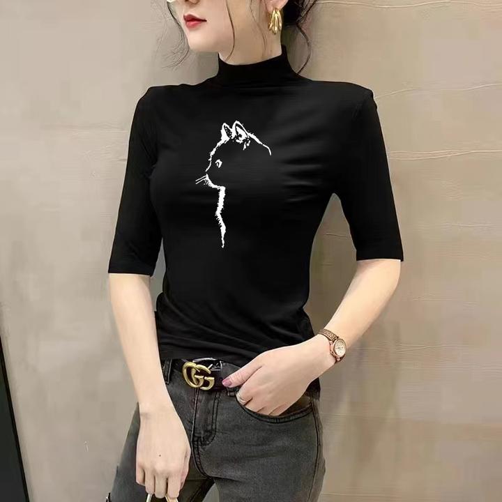 莫代尔春秋季半高领中袖打底衫女印花内搭女款爆款2025新款洋气