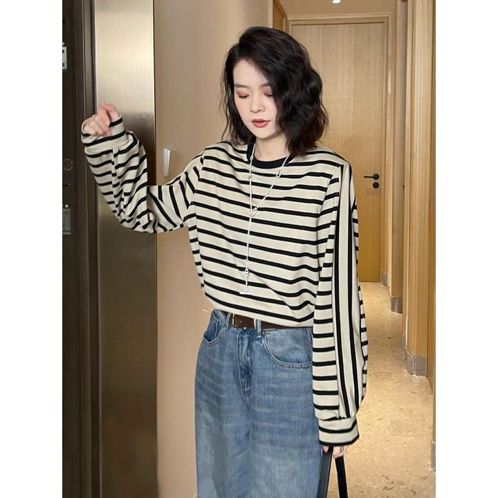 黑白条纹T恤打底衫女2025新款春秋洋派减龄宽松茶里茶气别致上衣