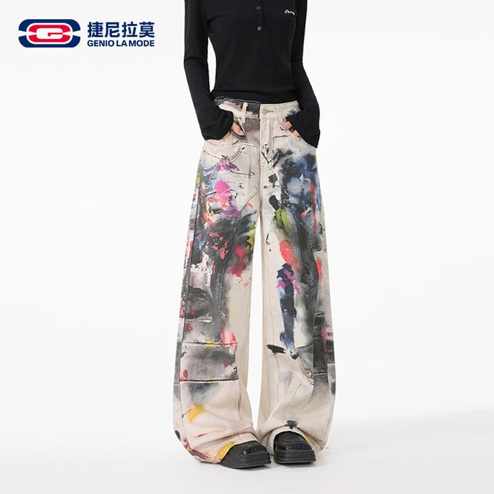 【敖瑞鹏代言】美式高街复古涂鸦泼墨牛仔裤新款宽松阔腿百搭长裤男