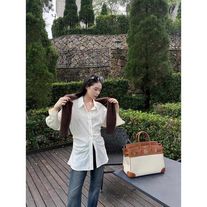 周淼 【私服品味】莱赛尔麻收腰抽皱衬衫女优雅气质上衣ZM25C5130J