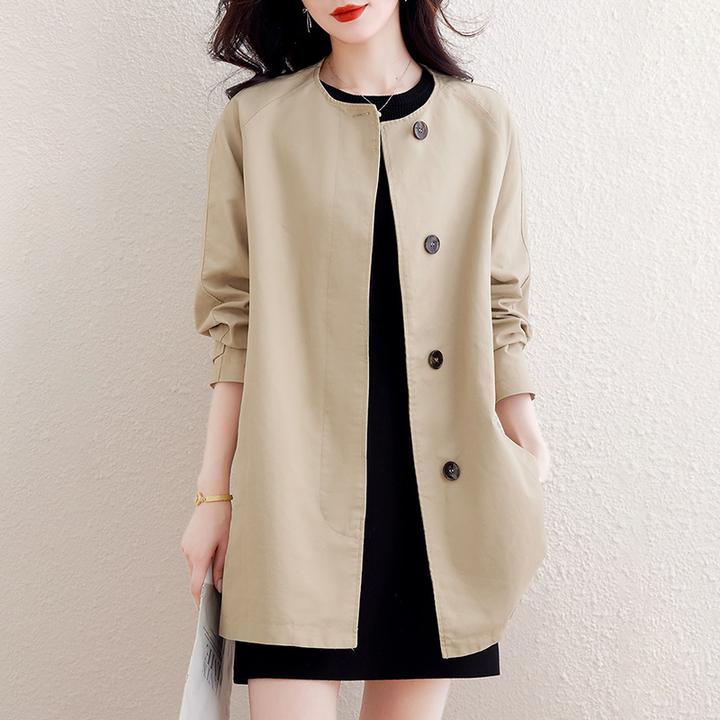 韩系圆领单排扣风衣外套女2025秋季新款宽松显瘦休闲百搭大衣上衣