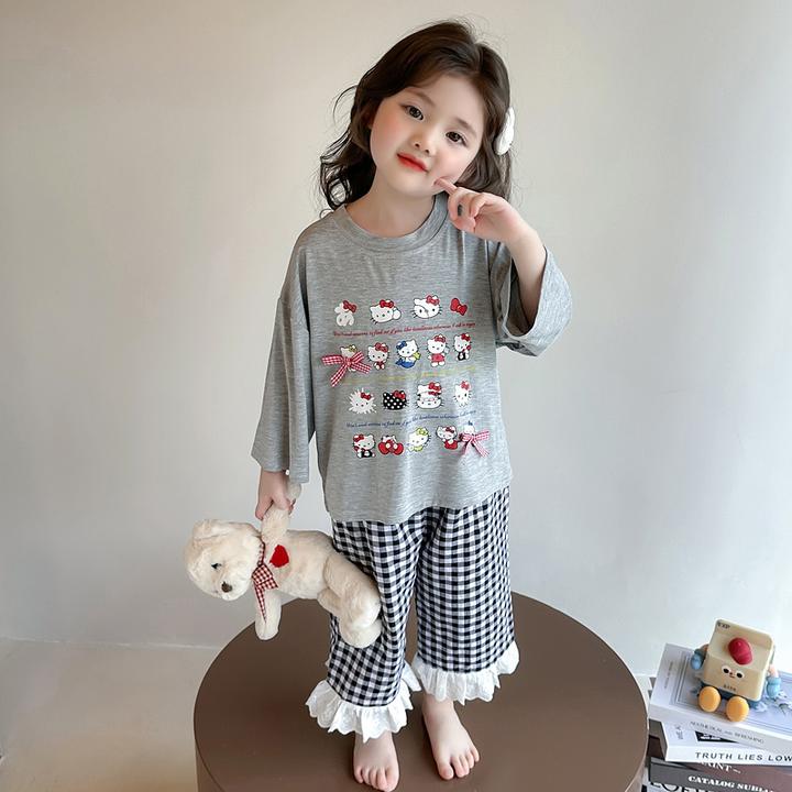 女童睡衣夏季薄款莫代尔女孩空调服宝宝格子裤套装儿童卡通家居服